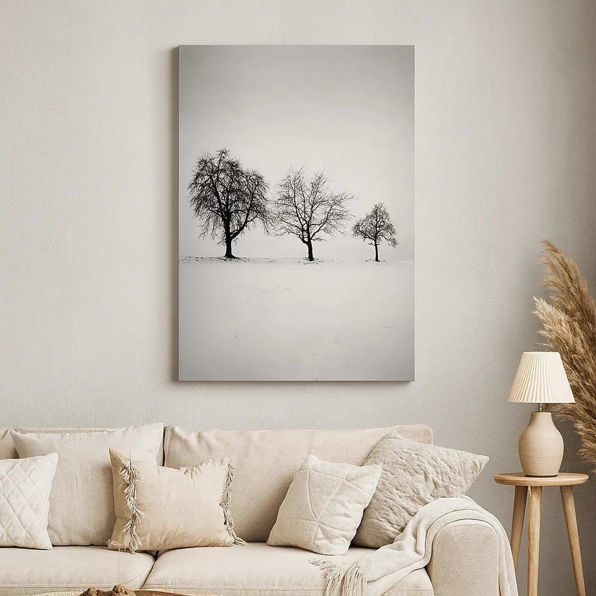 Quadro su tela - Stampe su Tela - Tre alberi in un campo innevato in stile monocromatico - 50x70cm - Cosa sognano? - Decorazione murale moderna per soggiorno e camera da letto ARTTOR