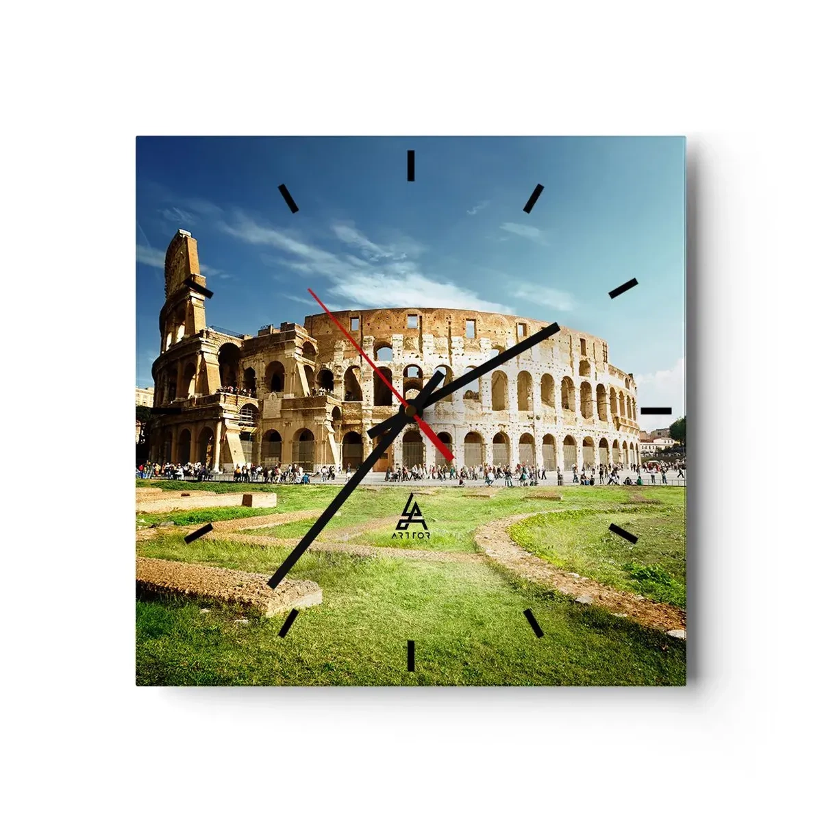Orologio da parete - Orologio in Vetro - Il Colosseo a Roma circondato dal verde e dal cielo azzurro - 30x30cm - Si sente ancora il rumore delle armi - Decorazione murale moderna per soggiorno e camera da letto ARTTOR