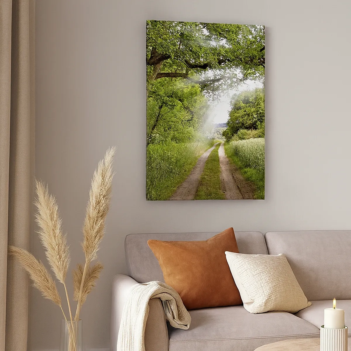 Quadro su tela - Stampe su Tela - Una strada sterrata tra alberi verdi e luce solare - 50x70cm - Et in Arcadia ego - Decorazione murale moderna per soggiorno e camera da letto ARTTOR