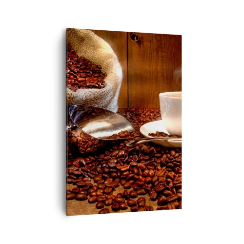 Quadro su tela - Stampe su Tela - Una tazza di caffè con chicchi di caffè e un sacco di cereali sullo sfondo - 70x100cm - Senti questo odore? - Decorazione murale moderna per soggiorno e camera da letto ARTTOR
