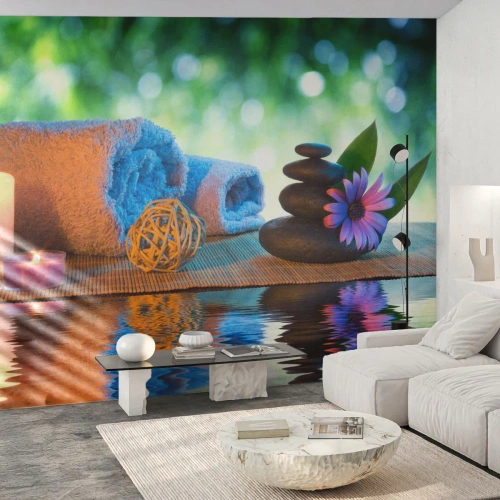 Fotomurali Standard Eco - Composizione rilassante per spa con pietre e candele - 100x70cm - Tempo per il corpo - Decorazione murale moderna per soggiorno e camera da letto ARTTOR