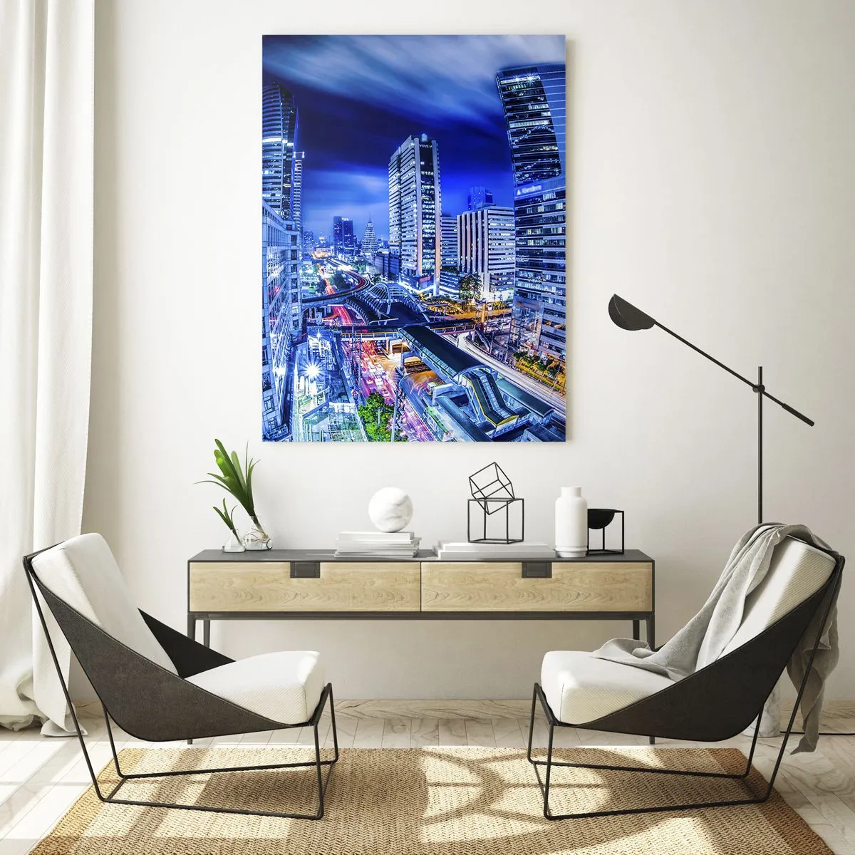 Quadro su vetro - Panorama di una città moderna di notte con luci brillanti - 50x70cm - Il ritmo notturno della città - Decorazione murale moderna per soggiorno e camera da letto ARTTOR