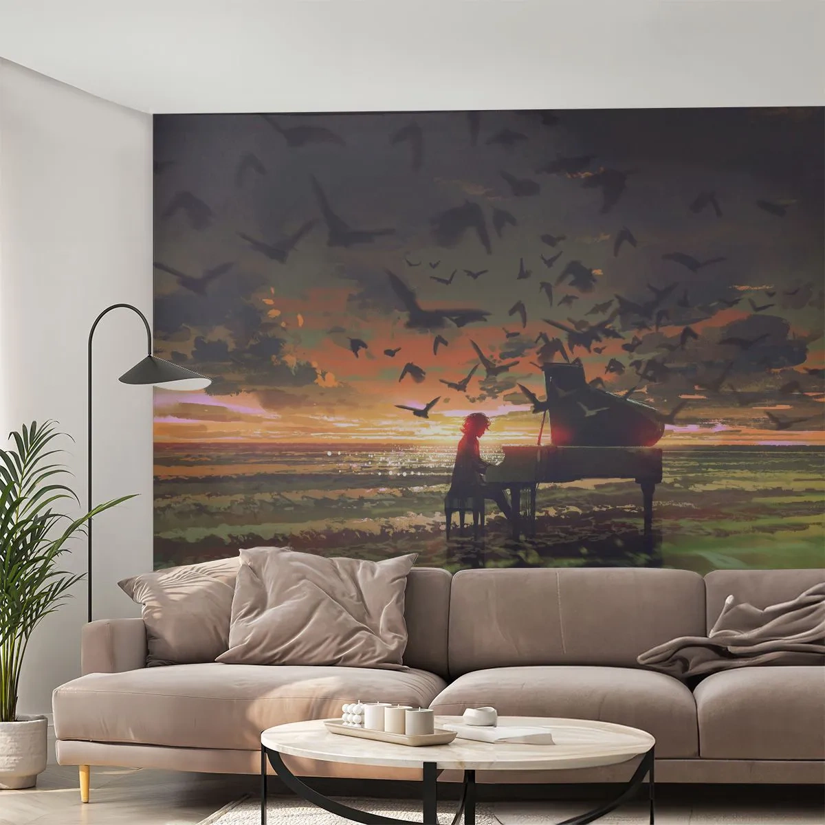 Fotomurali Standard Eco - Un pianoforte sulla spiaggia al tramonto con uccelli che volano - 100x70cm - Concerto per pianoforte e onde - Decorazione murale moderna per soggiorno e camera da letto ARTTOR