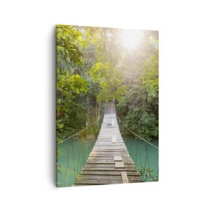 Quadro su tela - Stampe su Tela - Un ponte sospeso in una foresta tropicale illuminato dalla luce del sole. - 50x70cm - Sull'acqua azzurra verso il bosco azzurro - Decorazione murale moderna per soggiorno e camera da letto ARTTOR