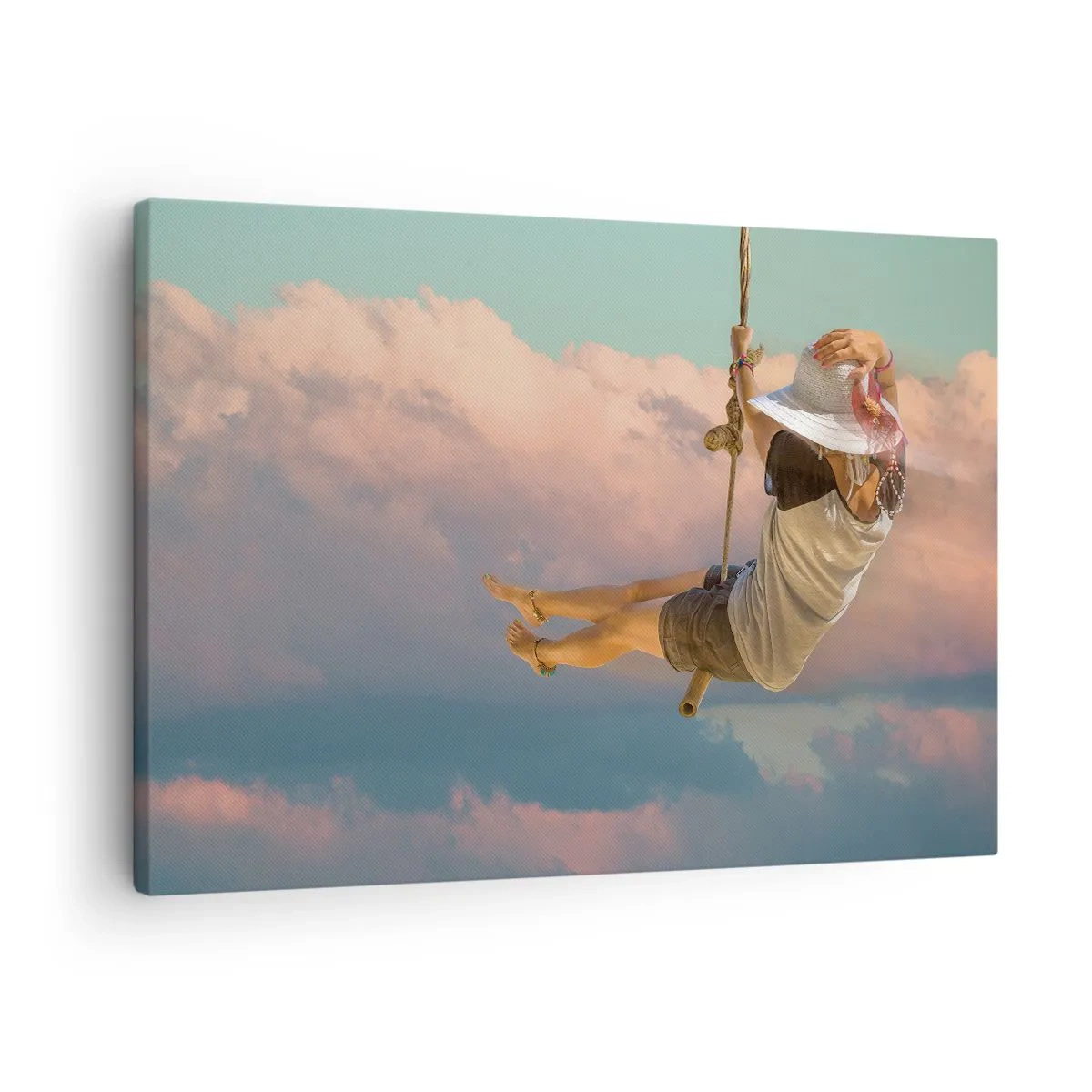 Quadro su tela - Stampe su Tela - Donna su un'altalena tra le nuvole rosa - 70x50cm - Divertimento tra le nuvole - Decorazione murale moderna per soggiorno e camera da letto ARTTOR