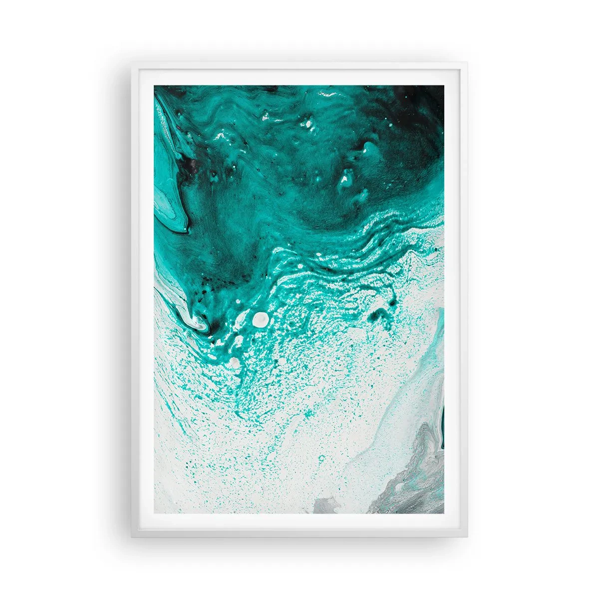 Poster in cornice bianca - Sciogliendosi nel bianco e nel turchese - 70x100 cm