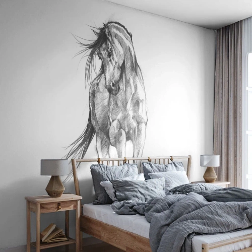 Fotomurali Premium Sand - Schizzo in bianco e nero di un cavallo al galoppo - 100x70cm - Trotto aggraziato - Decorazione murale moderna per soggiorno e camera da letto ARTTOR