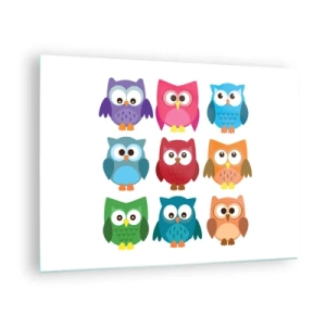 Quadro su vetro - Gufi colorati in stile cartone animato su sfondo bianco - 70x50cm - Essere diversi può essere divertente - Decorazione murale moderna per soggiorno e camera da letto ARTTOR