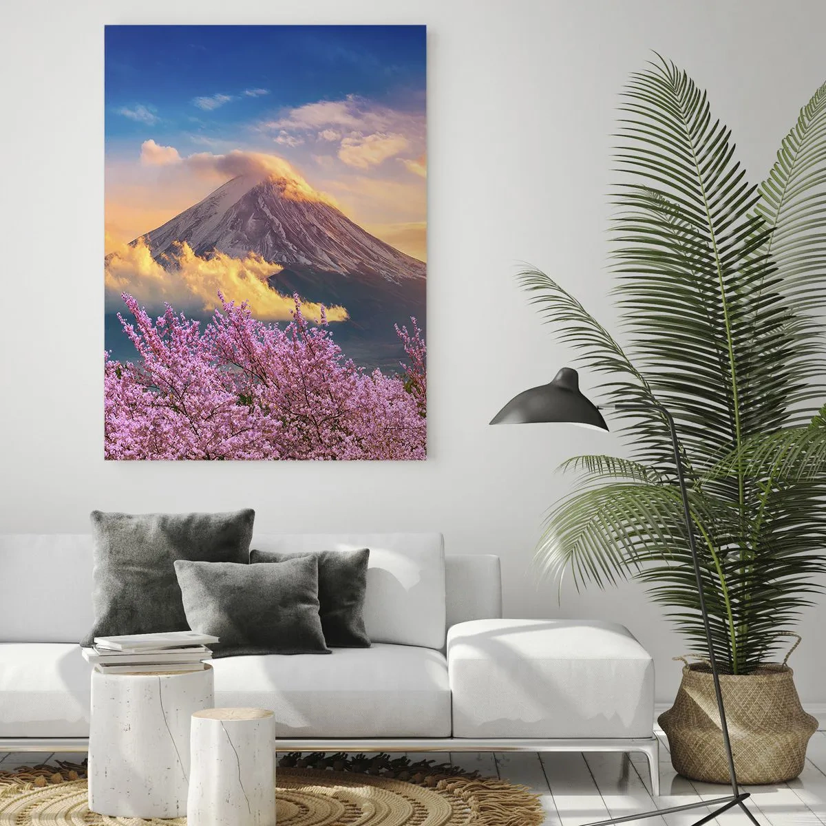 Quadro su vetro - Il monte Fuji sullo sfondo con alberi di ciliegio in fiore in primo piano - 50x70cm - Sacralità giapponese - Decorazione murale moderna per soggiorno e camera da letto ARTTOR