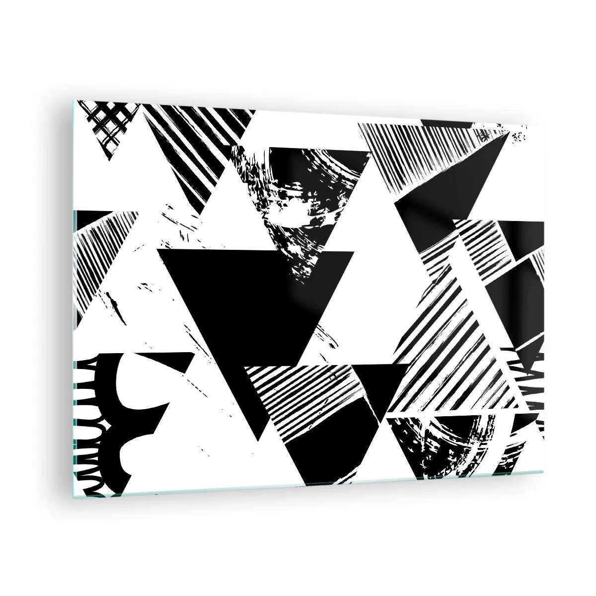 Quadro su vetro - Motivi geometrici in bianco e nero con motivi triangolari - 70x50cm - Pioggia di triangoli - Decorazione murale moderna per soggiorno e camera da letto ARTTOR