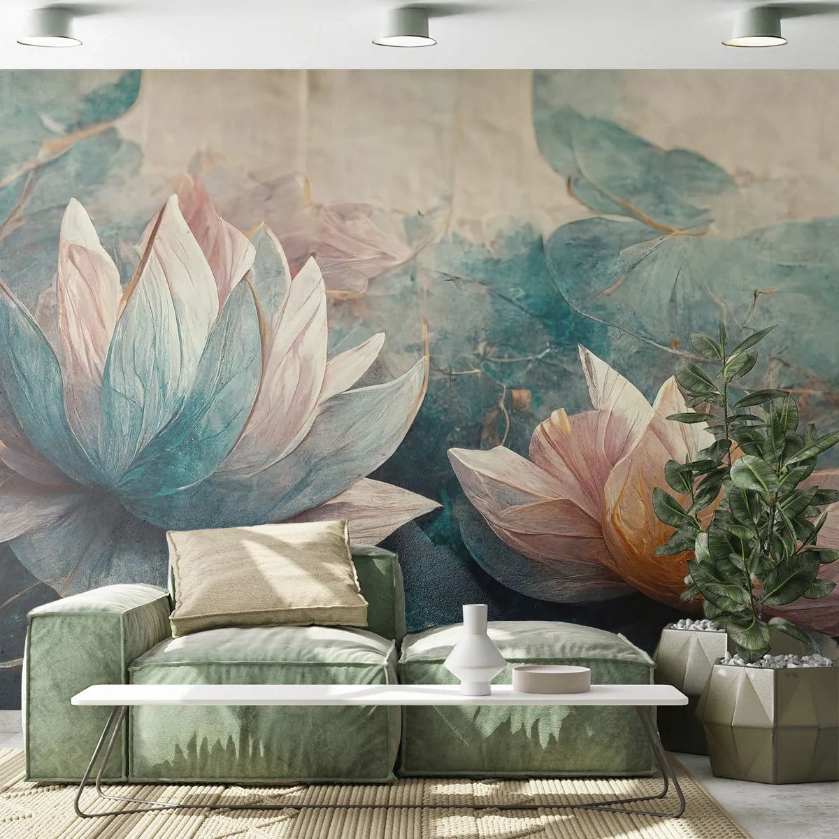 Fotomurali Premium Sand - Fiori di loto in tonalità pastello di turchese e beige - 100x70cm - Le stelle del lago - Decorazione murale moderna per soggiorno e camera da letto ARTTOR