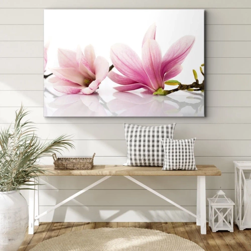 Quadro su tela - Stampe su Tela - Delicate magnolie rosa su sfondo bianco - 100x70cm - Delicati come un soffio di primavera - Decorazione murale moderna per soggiorno e camera da letto ARTTOR
