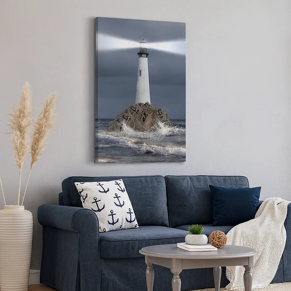 Quadro su tela - Stampe su Tela - Un faro su una roccia circondato da un mare in tempesta - 50x70cm - Qui...qui... qui! - Decorazione murale moderna per soggiorno e camera da letto ARTTOR