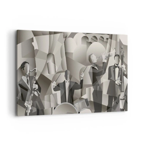 Quadro su tela - Stampe su Tela - Scena astratta con musicisti jazz in tonalità di grigio. - 120x80cm - Nello spazio dei suono - Decorazione murale moderna per soggiorno e camera da letto ARTTOR