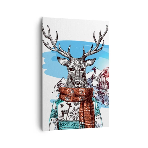 Quadro su tela - Stampe su Tela - Un cervo con un maglione invernale sullo sfondo di un paesaggio montano - 80x120cm - Anche il cervo non ha freddo - Decorazione murale moderna per soggiorno e camera da letto ARTTOR