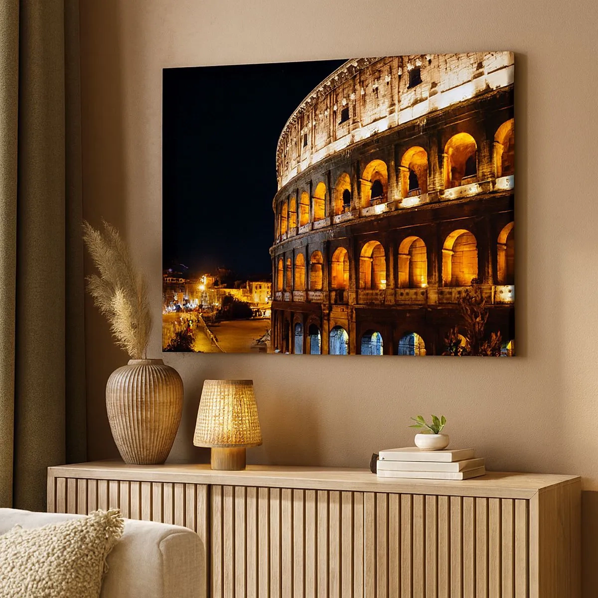 Quadro su tela - Stampe su Tela - Il Colosseo illuminato dalle luci di notte a Roma - 70x50cm - È tempo di iniziare i giochi - Decorazione murale moderna per soggiorno e camera da letto ARTTOR