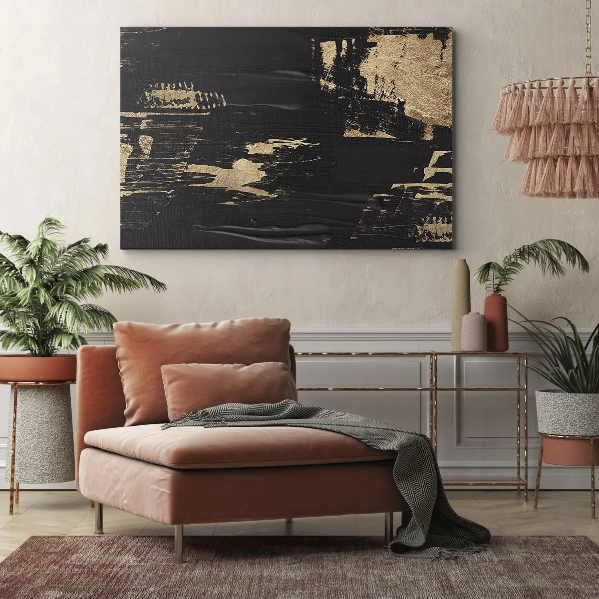 Quadro su tela - Stampe su Tela - Composizione astratta nei toni del nero e dell'oro - 120x80cm - Tracce del contatto - Decorazione murale moderna per soggiorno e camera da letto ARTTOR