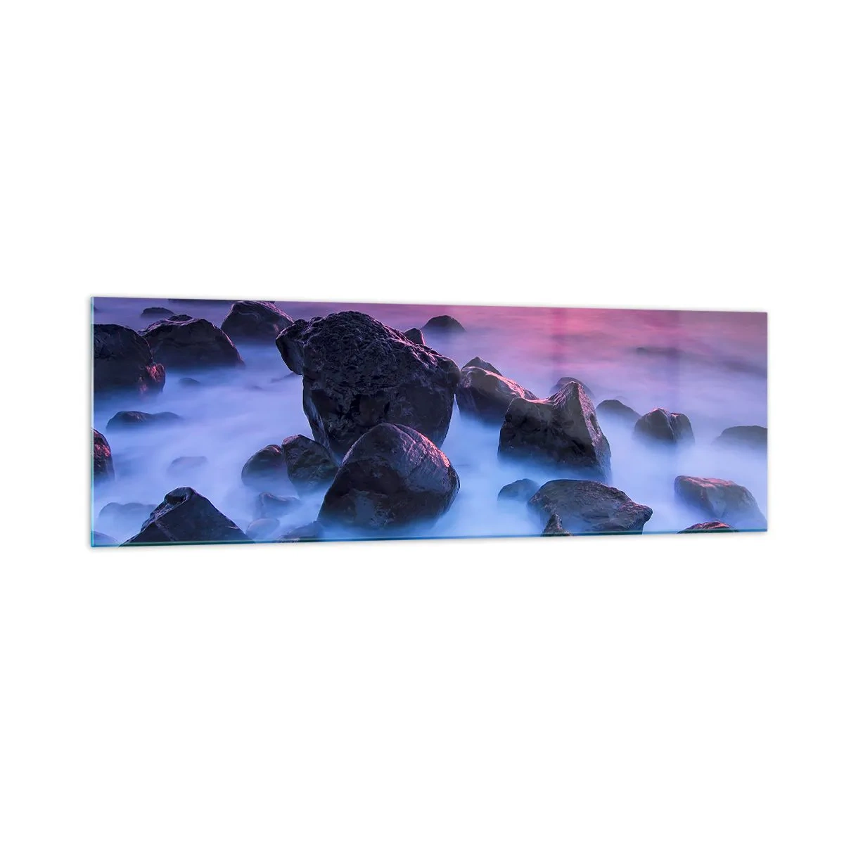 Quadro su vetro - Costa rocciosa al tramonto - 160x50cm - Nascita nella luce e nella nebbia - Decorazione murale moderna per soggiorno e camera da letto ARTTOR