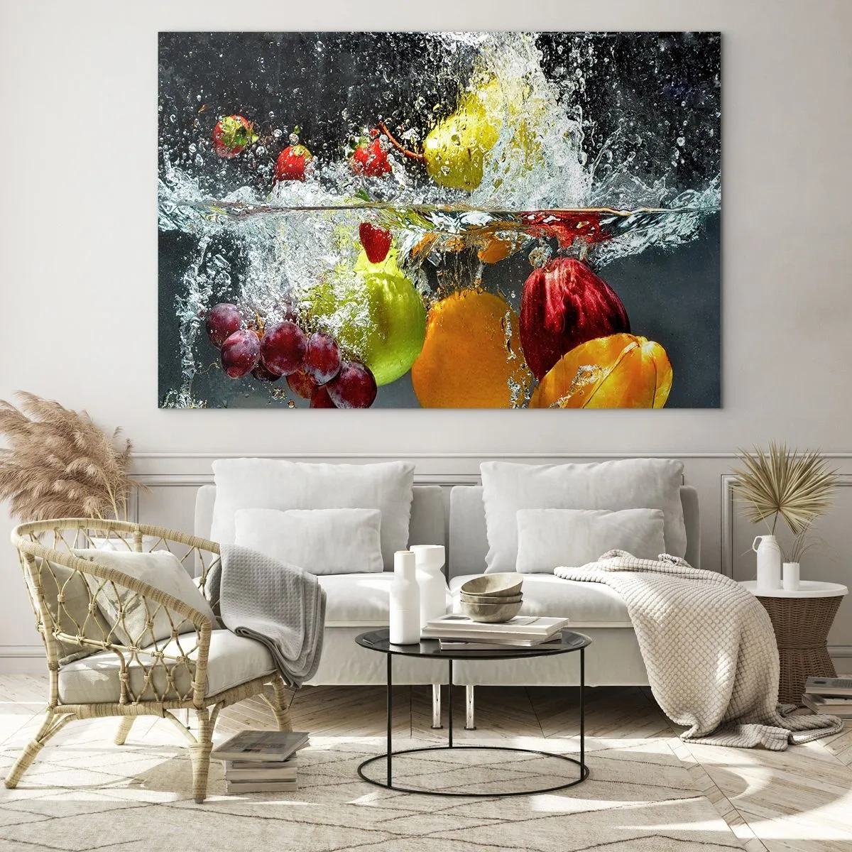 Quadro su vetro - Frutta immersa nell'acqua con schizzi dinamici - 100x70cm - Frutta rinfrescante - Decorazione murale moderna per soggiorno e camera da letto ARTTOR