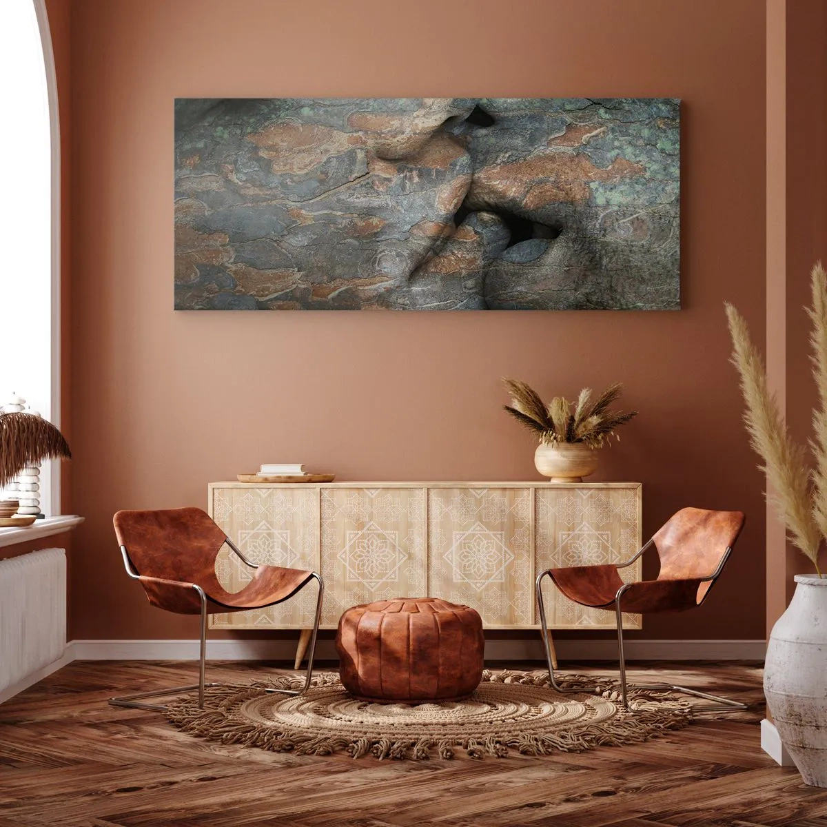 Quadro su tela - Stampe su Tela - Un motivo artistico di un volto scolpito nella roccia con un effetto di texture naturale. - 120x50cm - Insieme per sempre - Decorazione murale moderna per soggiorno e camera da letto ARTTOR