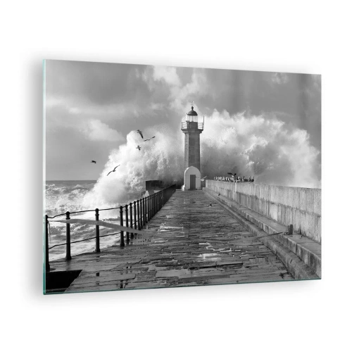 Quadro su vetro - Una foto in bianco e nero di un faro in mezzo alle onde che si infrangono. - 70x50cm - Senza paura - Decorazione murale moderna per soggiorno e camera da letto ARTTOR