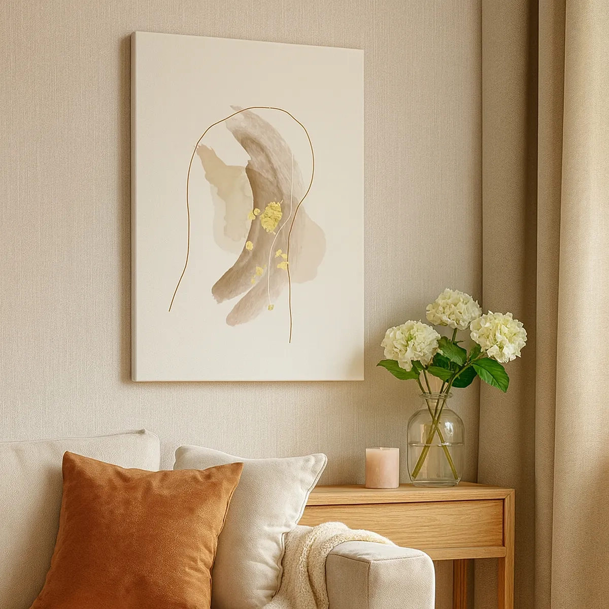 Quadro su tela - Stampe su Tela - Una composizione astratta nei toni del beige e dell'oro. - 50x70cm - Incontro nello spazio - Decorazione murale moderna per soggiorno e camera da letto ARTTOR