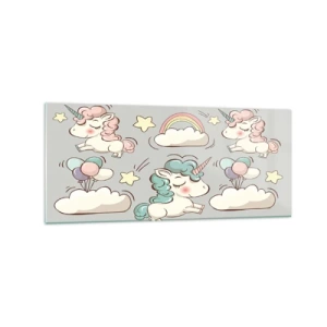 Quadro su vetro - Simpatici unicorni su sfondo pastello - 120x50cm - Sicuramente esistono… - Decorazione murale moderna per soggiorno e camera da letto ARTTOR