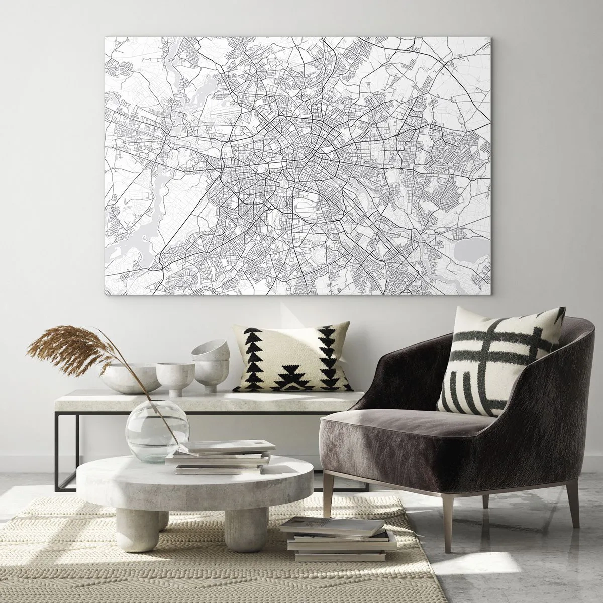 Quadro su vetro - Mappa in bianco e nero di Berlino con disposizione geometrica delle strade - 100x70cm - Il fiore di Berlino - Decorazione murale moderna per soggiorno e camera da letto ARTTOR