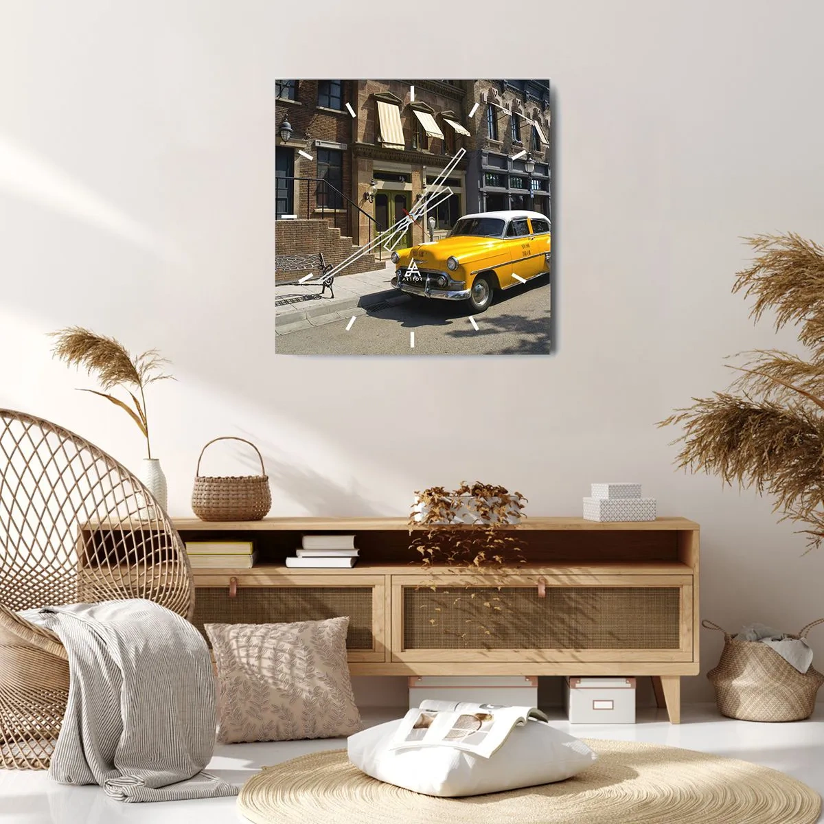 Orologio da parete - Orologio in Vetro - Un taxi giallo su una strada fiancheggiata da case popolari - 30x30cm - Tanto tempo fa in America - Decorazione murale moderna per soggiorno e camera da letto ARTTOR