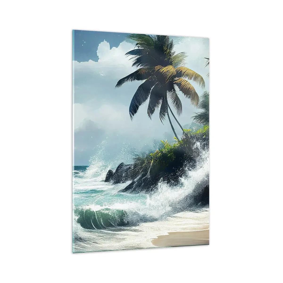 Quadro su vetro - Costa tropicale con palme e mare agitato - 70x100cm - Sulla riva tropicale - Decorazione murale moderna per soggiorno e camera da letto ARTTOR