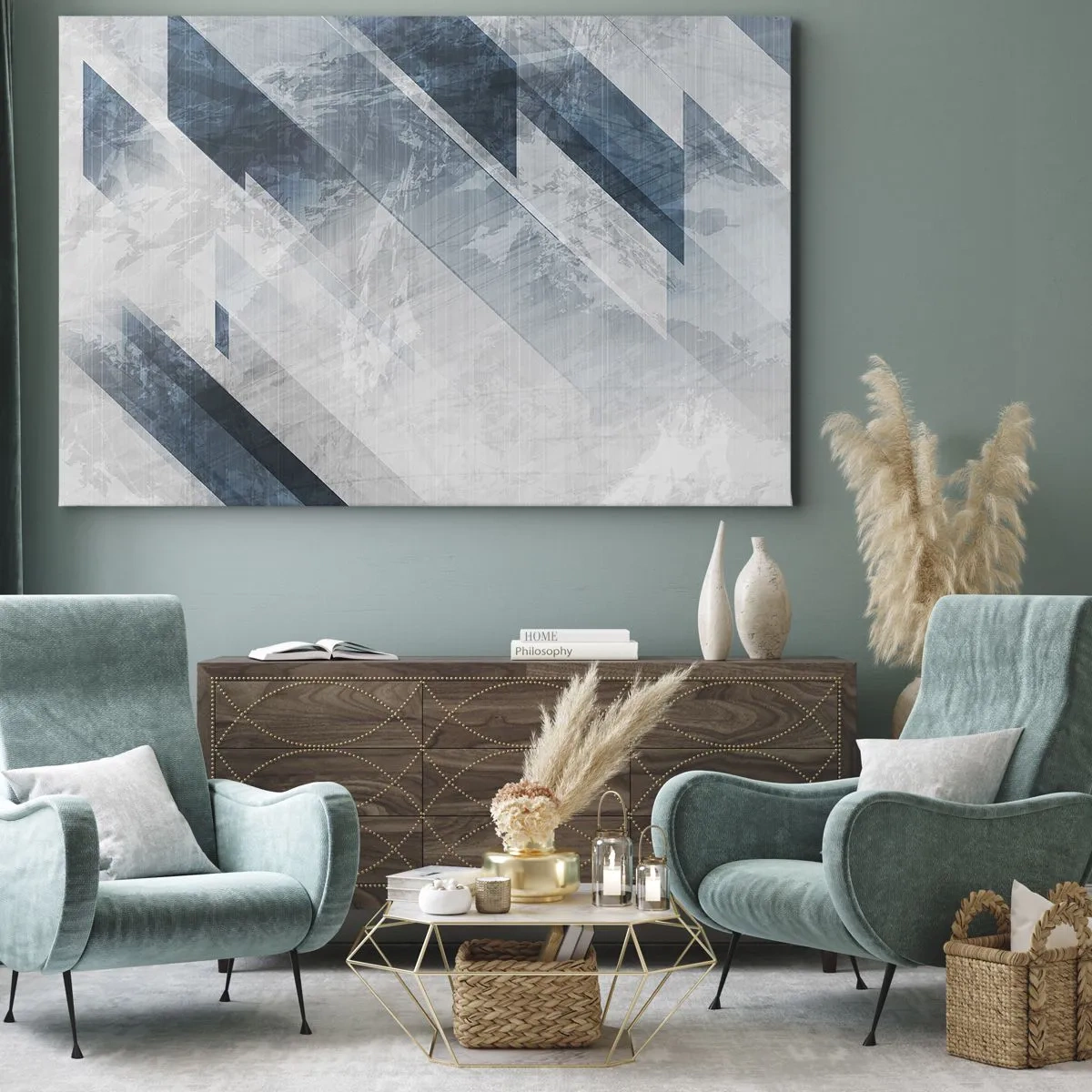 Quadro su tela - Stampe su Tela - Linee astratte in tonalità di grigio e blu - 120x80cm - Composizione spaziale: movimento in grigio - Decorazione murale moderna per soggiorno e camera da letto ARTTOR