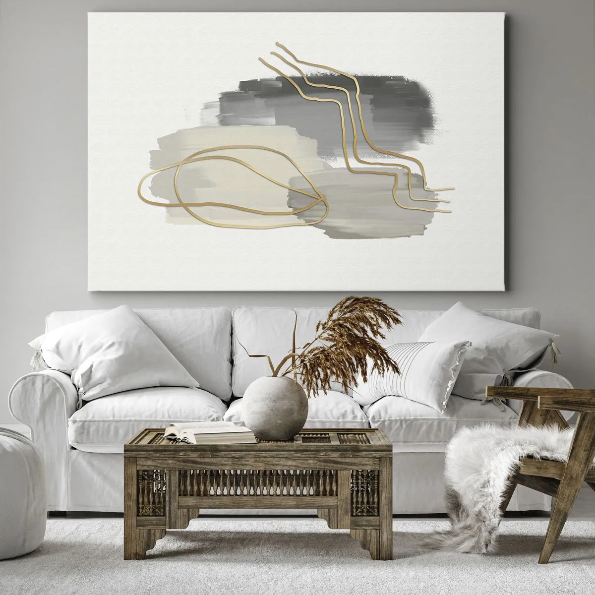 Quadro su tela - Stampe su Tela - Linee dorate astratte su sfondo grigio - 120x80cm - Durata e movimento - Decorazione murale moderna per soggiorno e camera da letto ARTTOR