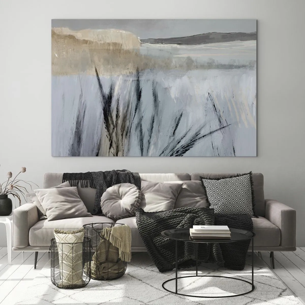 Quadro su vetro - Paesaggio invernale con erbe sullo sfondo di campi innevati - 70x50cm - Campi d'inverno - Decorazione murale moderna per soggiorno e camera da letto ARTTOR
