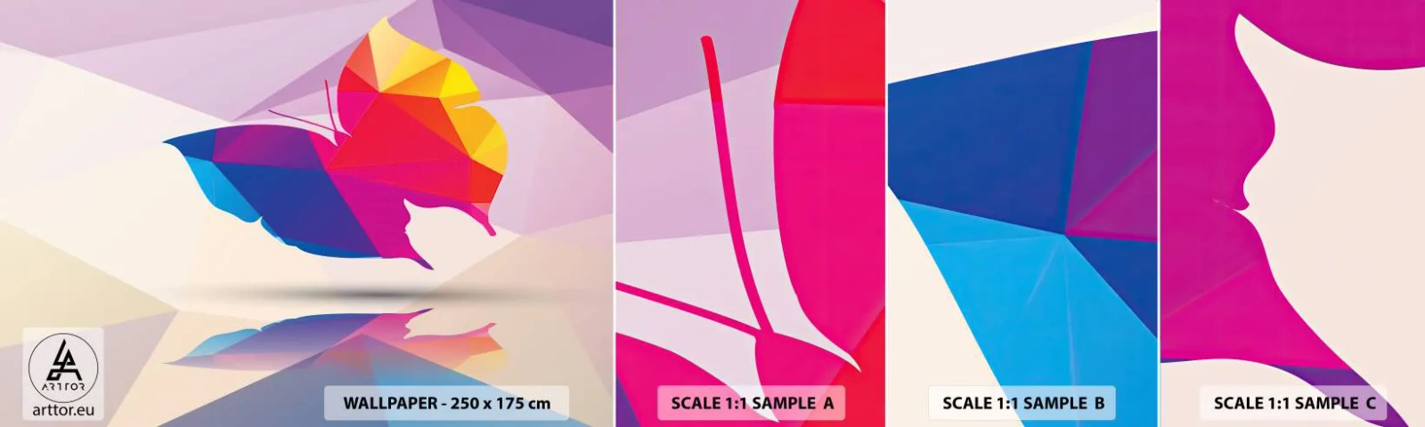 Campione Di Fotomurale Standard Eco - La farfalla arcobaleno - insetti, Farfalla, Figura geometrica - 100x30 cm