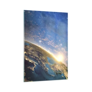 Quadro su vetro - Vista della Terra dallo spazio all'alba - 70x100cm - Guardiamoci da lontano - Decorazione murale moderna per soggiorno e camera da letto ARTTOR