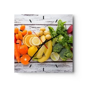 Orologio da parete - Orologio in Vetro - Frutta e verdura colorate su uno sfondo di legno - 30x30cm - Non basta? - Decorazione murale moderna per soggiorno e camera da letto ARTTOR