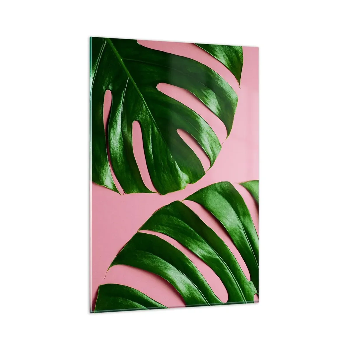 Quadro su vetro - Foglie di monstera verdi su sfondo rosa - 80x120cm - Appuntamento in verde - Decorazione murale moderna per soggiorno e camera da letto ARTTOR