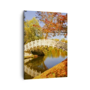 Quadro su tela - Stampe su Tela - Un ponte in un parco circondato da foglie autunnali su acque calme - 50x70cm - Sul bianco ponticello dei sospiri - Decorazione murale moderna per soggiorno e camera da letto ARTTOR
