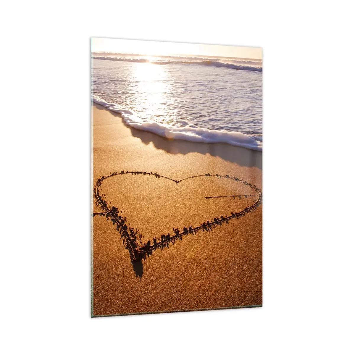 Quadro su vetro - Un cuore fatto di sabbia sulla spiaggia durante il tramonto - 80x120cm - Dichiarazione delle vacanze - Decorazione murale moderna per soggiorno e camera da letto ARTTOR