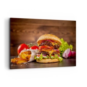 Quadro su tela - Stampe su Tela - Hamburger appetitoso con extra - 120x80cm - Frutto proibito - Decorazione murale moderna per soggiorno e camera da letto ARTTOR