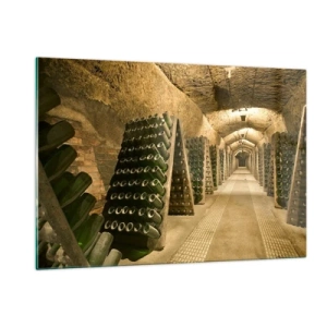 Quadro su vetro - Una cantina con bottiglie di vino invecchiate in file - 120x80cm - Nascita del sapore - Decorazione murale moderna per soggiorno e camera da letto ARTTOR