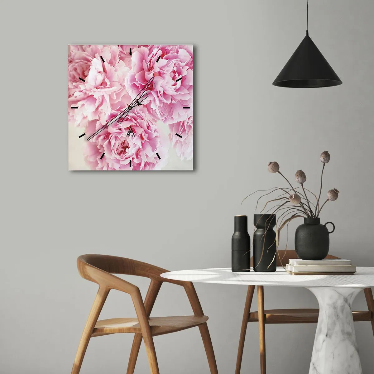 Orologio da parete - Orologio in Vetro - Un bouquet di peonie rosa su uno sfondo chiaro - 30x30cm - Nel fasto rosa - Decorazione murale moderna per soggiorno e camera da letto ARTTOR