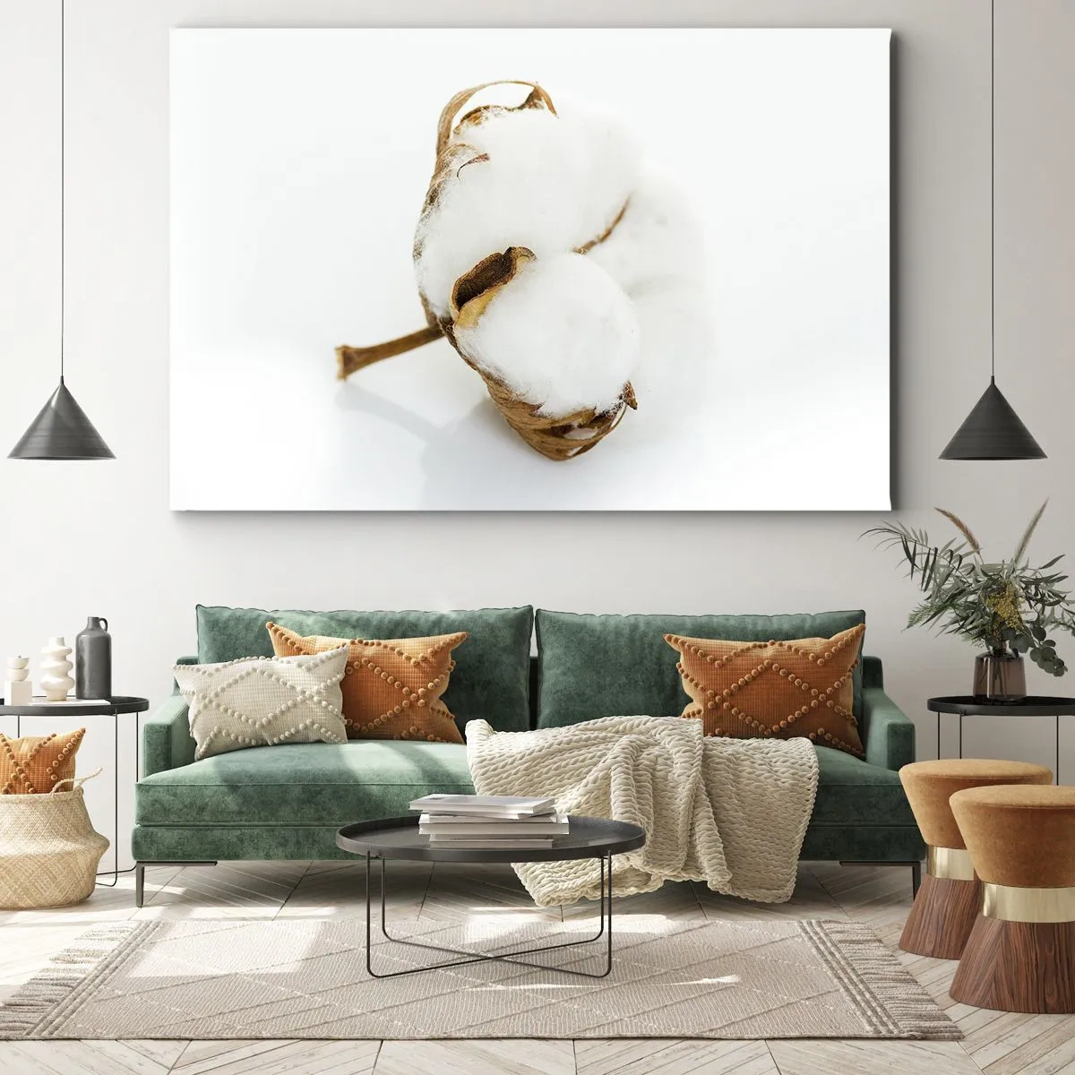 Quadro su tela - Stampe su Tela - Un ramo di cotone su uno sfondo chiaro in un approccio minimalista - 70x50cm - Naturalmente morbido - Decorazione murale moderna per soggiorno e camera da letto ARTTOR