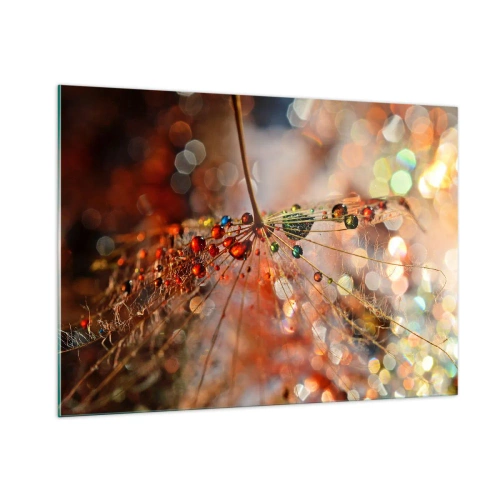 Quadro su vetro - Gocce d'acqua su una delicata ragnatela in luce bokeh - 100x70cm - Posate sulla ragnatela - Decorazione murale moderna per soggiorno e camera da letto ARTTOR