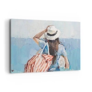 Quadro su tela - Stampe su Tela - Una donna con un cappello contro il mare blu - 120x80cm - Benvenuti in vacanza - Decorazione murale moderna per soggiorno e camera da letto ARTTOR
