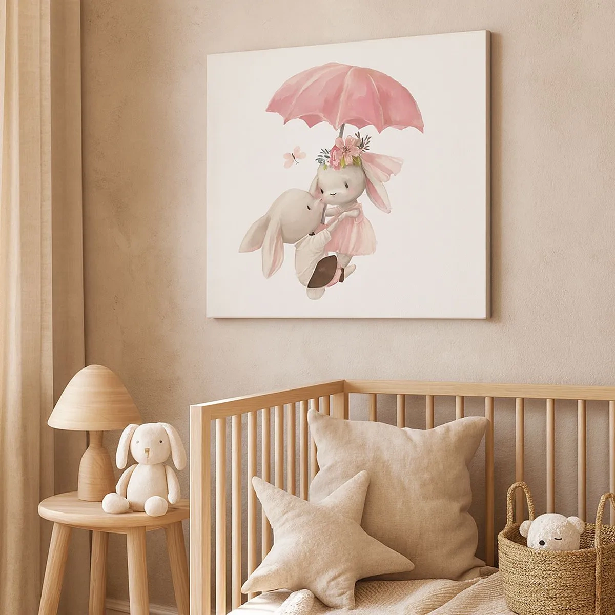 Quadro su tela - Stampe su Tela - Coniglietti carini sotto un ombrello rosa - 70x50cm - Questo è proprio amore - Decorazione murale moderna per soggiorno e camera da letto ARTTOR