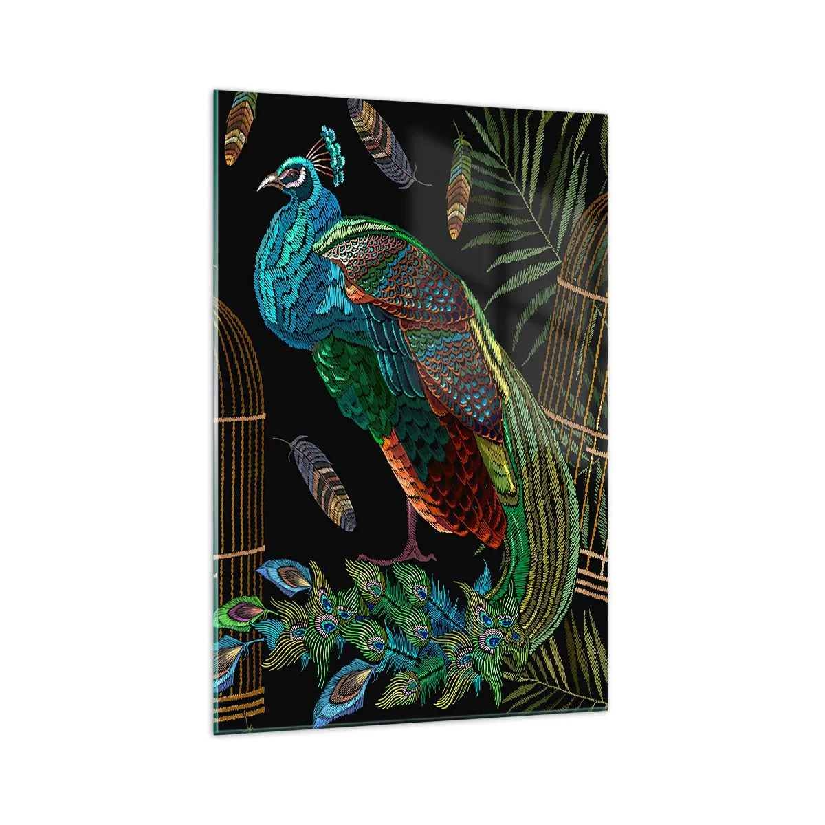 Quadro su vetro - Pavoni accanto a una gabbia dorata su sfondo nero - 70x100cm - Con gli abiti reali - Decorazione murale moderna per soggiorno e camera da letto ARTTOR