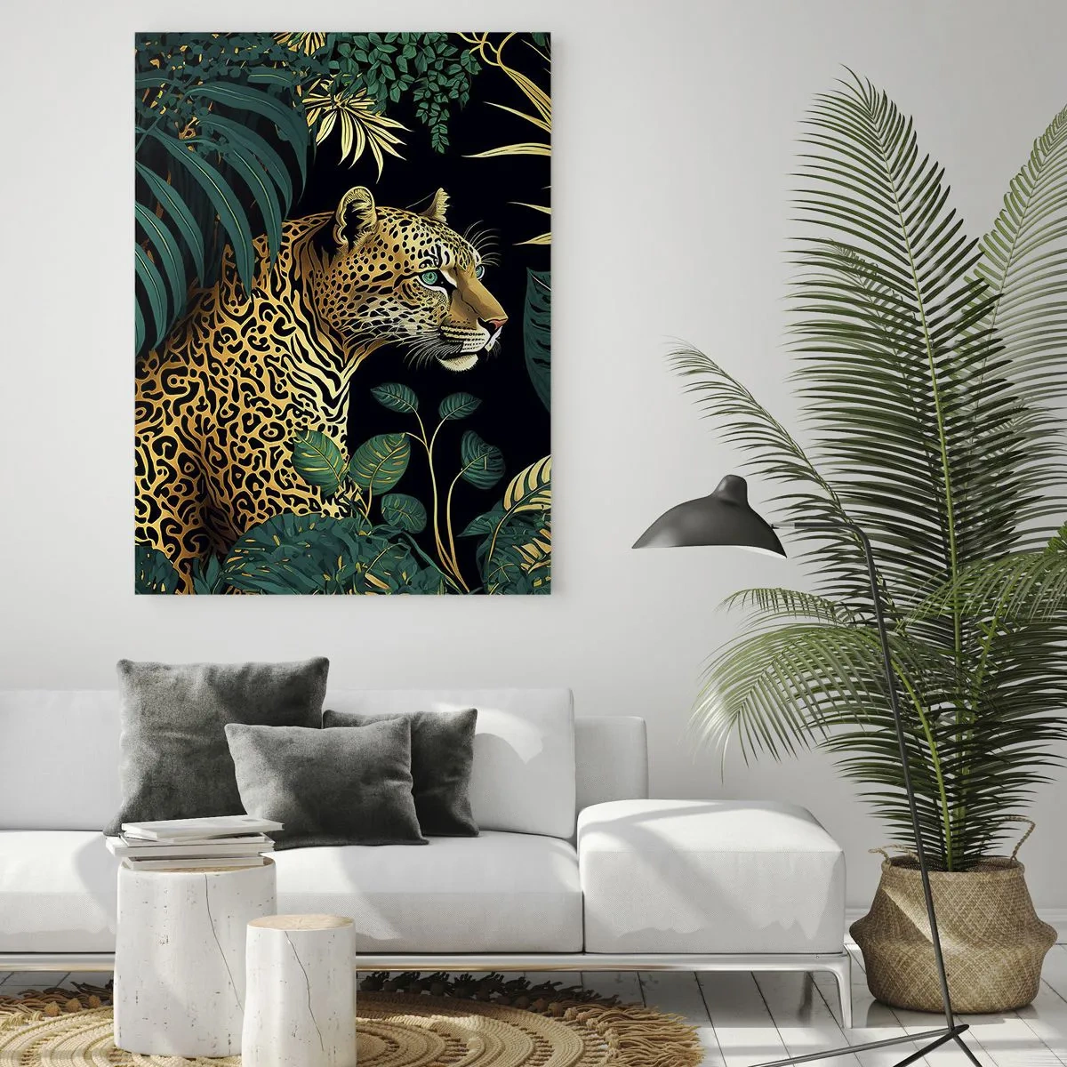 Quadro su vetro - Un leopardo tra foglie tropicali su uno sfondo scuro - 50x70cm - Il signore della giungla - Decorazione murale moderna per soggiorno e camera da letto ARTTOR