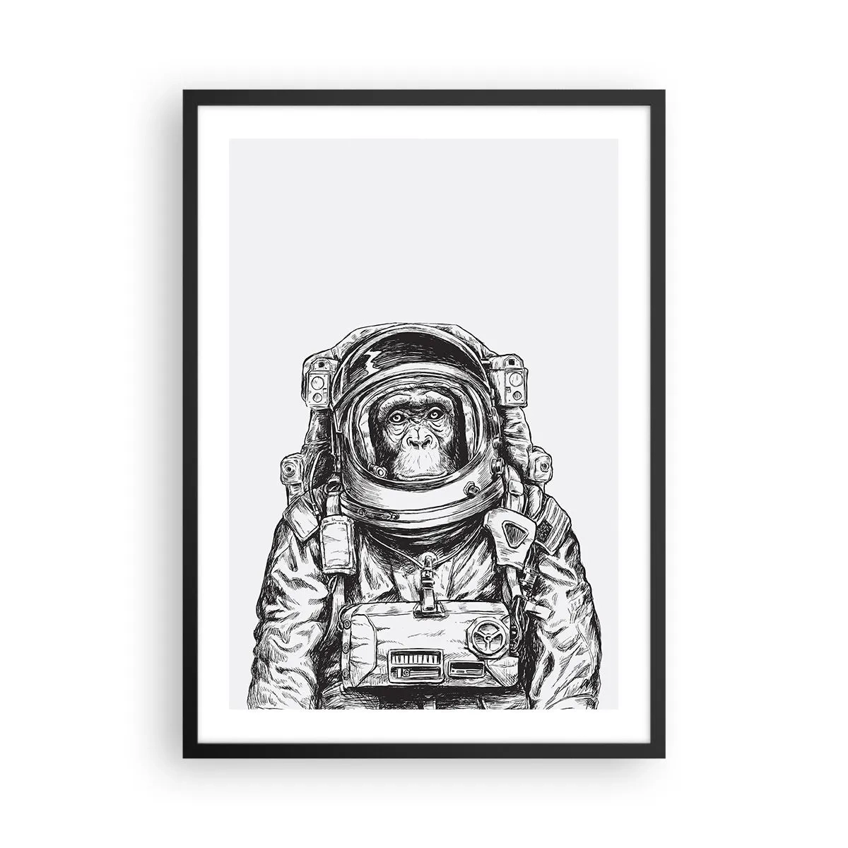 Poster in cornice nera - Una scimmia in tuta spaziale su sfondo bianco - 50x70cm - Evoluzione alternativa - Decorazione murale moderna per soggiorno e camera da letto ARTTOR