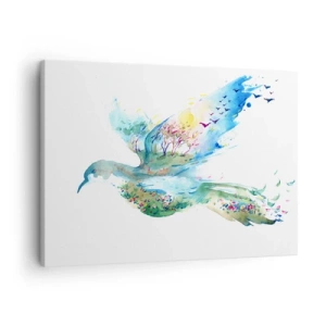 Quadro su tela - Stampe su Tela - Composizione ad acquerello di un uccello con elementi della natura - 70x50cm - Sulle ali della natura - Decorazione murale moderna per soggiorno e camera da letto ARTTOR